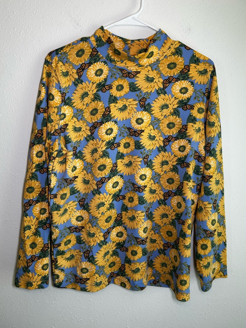 Floral Butterfly Mock Neck Top Women’s M Sunflower Monarch Boho Hippie AOP